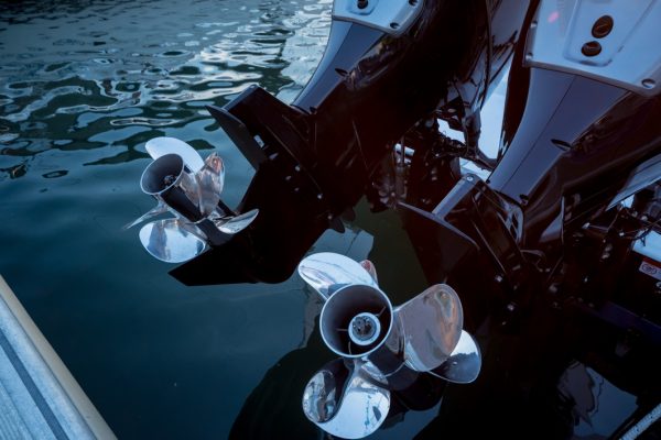 Engine. Speed boat engine with propeller details. Background